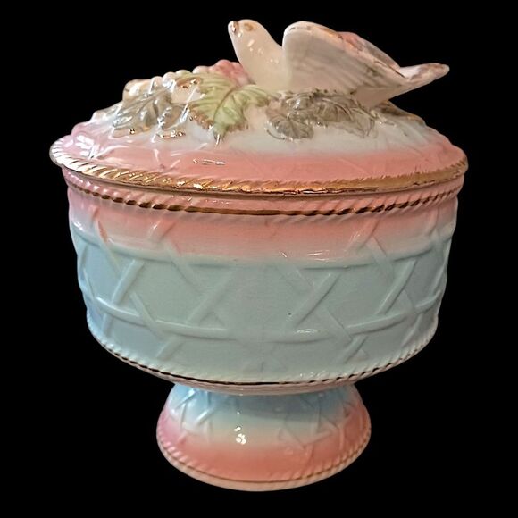 Majolica 3D Candy Dish Birds Floral Handpainted Porcelain Betson Colorful Shabby - Picture 8 of 16